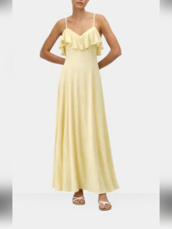 Boamar Dresses & Skirts - Boamar Soft Yellow Maxi Dress with ruffle layer, criss cross back size S  NWTS